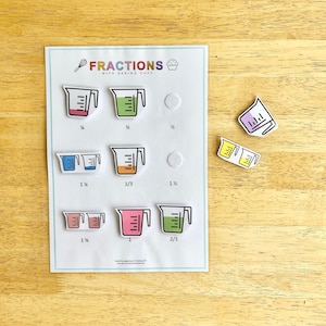 May include: A printable worksheet with a whisk and cupcake icon, titled "Fractions with Baking Cups". The worksheet has nine measuring cups with different fractions of liquid inside, including 1/4, 1/2, 1/3, 1/8, 1, and 2/3.