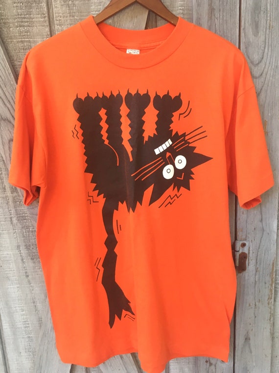 VTG CAT T Shirt Whimsical Black Cat Tee Orange Lar