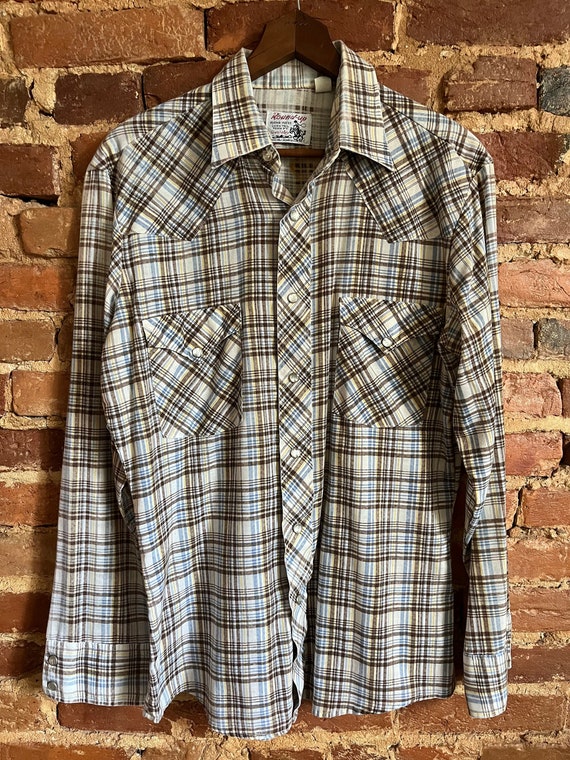 VTG Western Shirt ROUND UP Pearl Snap Plaid Small