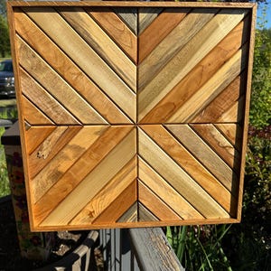 Handmade Geometric Wood Wall Art | 18” Square Modern Rustic Decor | Framed Natural Hardwood Mosaic