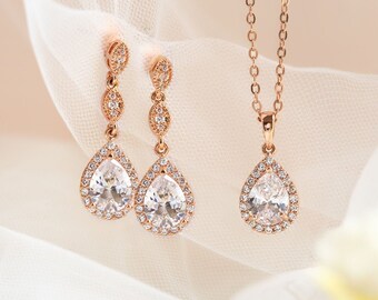 Bridal Jewelry, Wedding Jewelry Set, Bridal Necklace, Rose Gold Jewelry, E122+N515