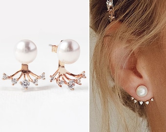 Wedding Jewelry, Pearl Earrings, Earring Jacket, Stud Earrings, Wedding Earrings,  Rose Gold Earrings, E526