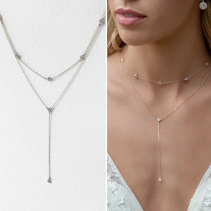 Wedding Jewelry, Lariat Necklace, Bridal Jewelry, Wedding Accessories, Silver Jewelry, Dainty Choker Lariat, Crystal Necklace, N061