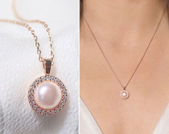 Pearl Necklace, Dainty Necklace, Rose Gold Necklace, Bridal Jewelry, N386