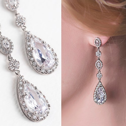 Bridal Wedding Silver Rhinestone /w Teardrop Design Dangling Earrings Jewelry 