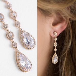 Bridal Earrings, Long Drop Earrings, Bridal Jewelry, Gold Earrings, Wedding Jewelry, Teardrop Earrings, Wedding Earrings, E146