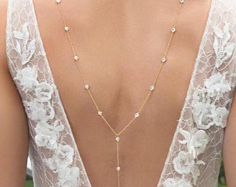 Crystal Back Necklace: Bridal Jewelry, Necklace Back, Wedding Jewelry, Wedding Dress, Prom Dress, Sterling Silver Necklace, Crystal Jewelry