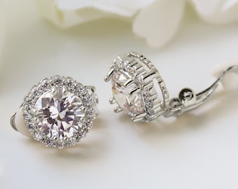 Silver Clip On Earrings, Round Crystal Earrings, Bridal Jewelry, Wedding Accessories, Stud Earrings, Non-Pierced Ears, Halo Stud, E333CLIP-S