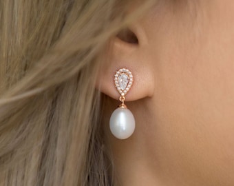 Bridal Earrings, Rose Gold Earrings, Pearl Earrings, Wedding Earrings, E387