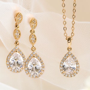 Wedding Jewelry Set, Bridal Jewelry, Bridal Necklace, Wedding Earrings, Gold Jewelry, E122+N515