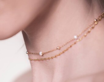 Pearl Necklace, Choker Necklace, Layered Necklace, Bridal Jewelry, Dainty Gold Necklace, Wedding Jewelry, N059