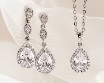 Silver Bridal Jewelry, Wedding Jewelry Set, Bridal Necklace, Wedding Earrings,  E122+N515