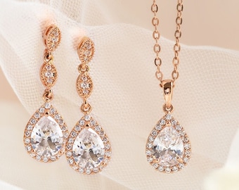 Bridal Jewelry, Wedding Jewelry Set, Bridal Necklace, Rose Gold Jewelry, E122+N515