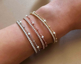 Pearl Bracelet, Wedding Bride Jewelry, Crystal Tennis Bracelet, Bracelet Set, Dainty Bracelet
