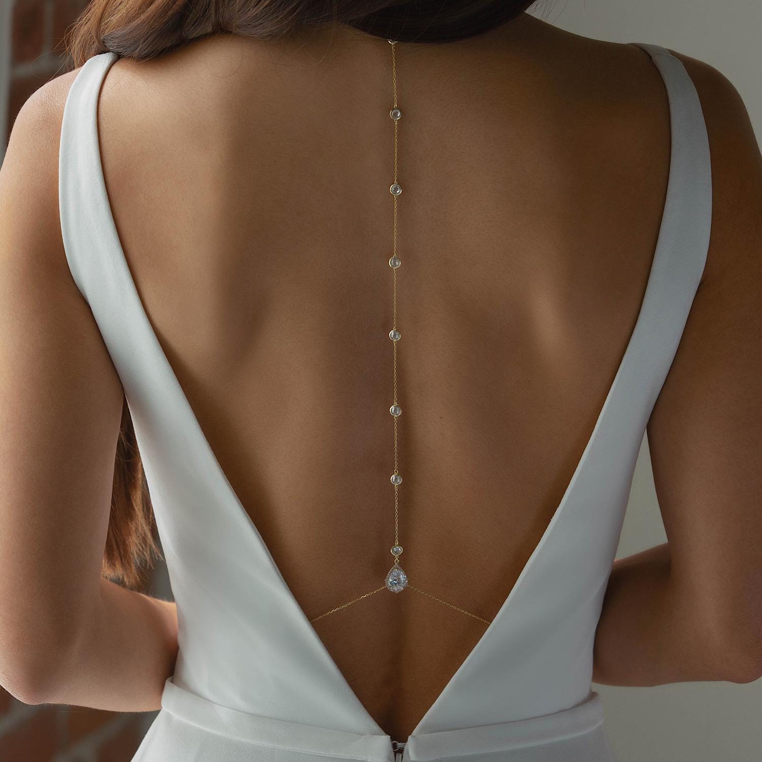 open back dress jewelry Layered Back Drop Jewelry Pearl Back Chain For Backless Dress Silver Layered Back Necklace, Bridal Wedding Body Jewelry (Dainty Drop Design)