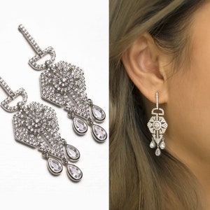 Bridal Jewelry, Dangle Earrings, Wedding Jewelry, Chandelier Earrings, Silver Earrings, Art Deco Earrings,   E052