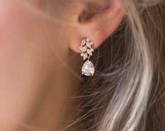 Cubic Zirconia Bridal Drop Earrings: Rose Gold Wedding Jewelry