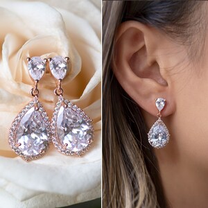 Bridal Earrings, Dangle Earrings, Bridal Jewelry, Teardrop Earrings, Rose Gold Earrings,  E056