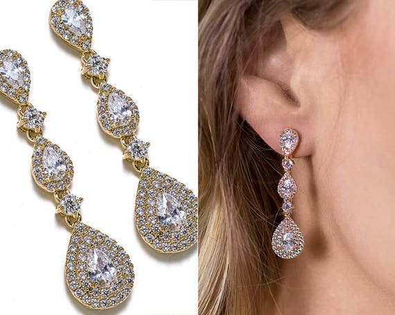 CZ and Teardrop Pearl Bridal Earrings in Rose Gold