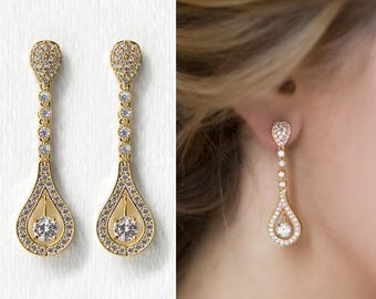 Bridal Earrings, Dangle Earrings, Bridal Jewelry, Crystal Earrings, Gold Earrings,  E352
