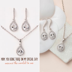Mother of the Bride Jewelry, Gift for Mom, Mother of the Bride Gift,  Earring and Necklace Set, Silver Jewelry Set, N519-D