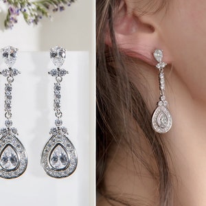 Bridal Earrings, Dangle Earrings, Wedding Jewelry, Teardrop Earrings, Silver Earrings, E216-S
