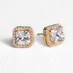 Bridal Jewelry, Stud Earrings, Wedding Earrings, Crystal Earrings,  Asscher Cut Studs, Gold Earrings,E429