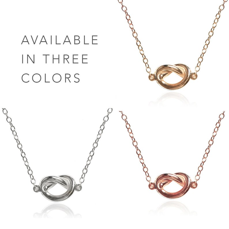 May include: Three gold, silver, and rose gold knot necklaces.  Available in three colors.