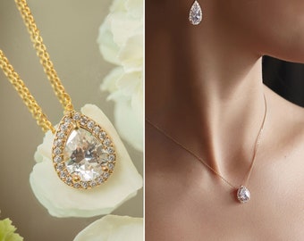 Bridal Jewelry, Teardrop Necklace, Bridal Necklace, Wedding Jewelry Gold Bridal Necklace Wedding Accessories Crystal Pendant Necklace, N529