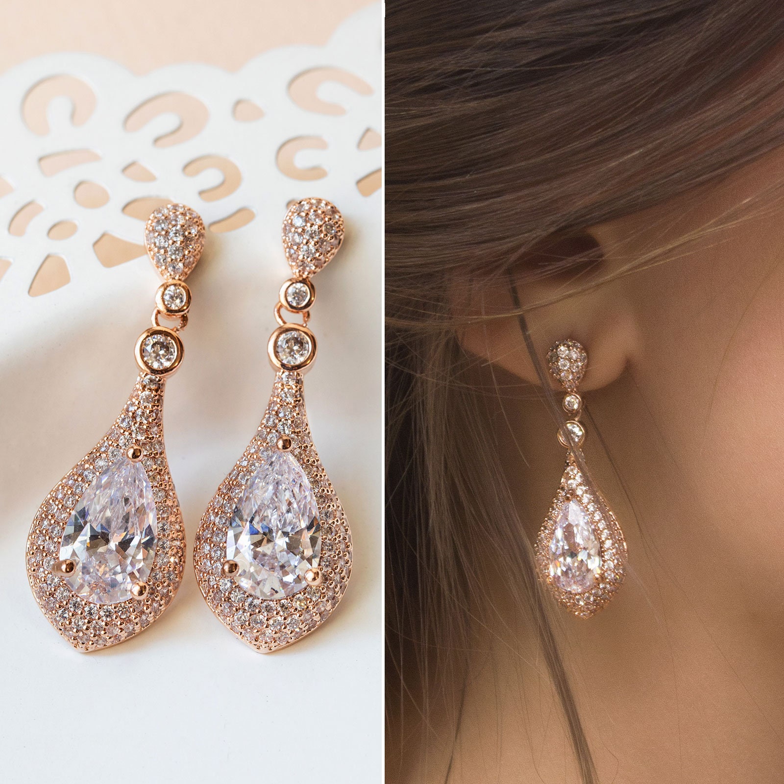 Crystal and rose gold Earrings gift Bride earrings Rose Gold Zirconia Wedding Earrings Bridal Crystal Earrings Statement earrings