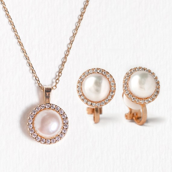 Bridal Jewelry Set, Clip On Earrings, Pearl Necklace, Wedding Jewelry Set, Rose Gold Earrings and Necklace Set, E386CLIP+N386