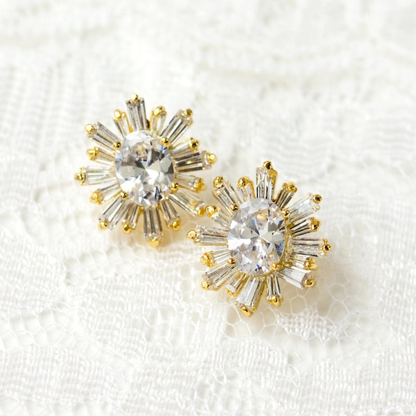 Goldene Kristall Ohrclips - Brautjungfer Geschenk, Braut Hochzeit Ohrstecker