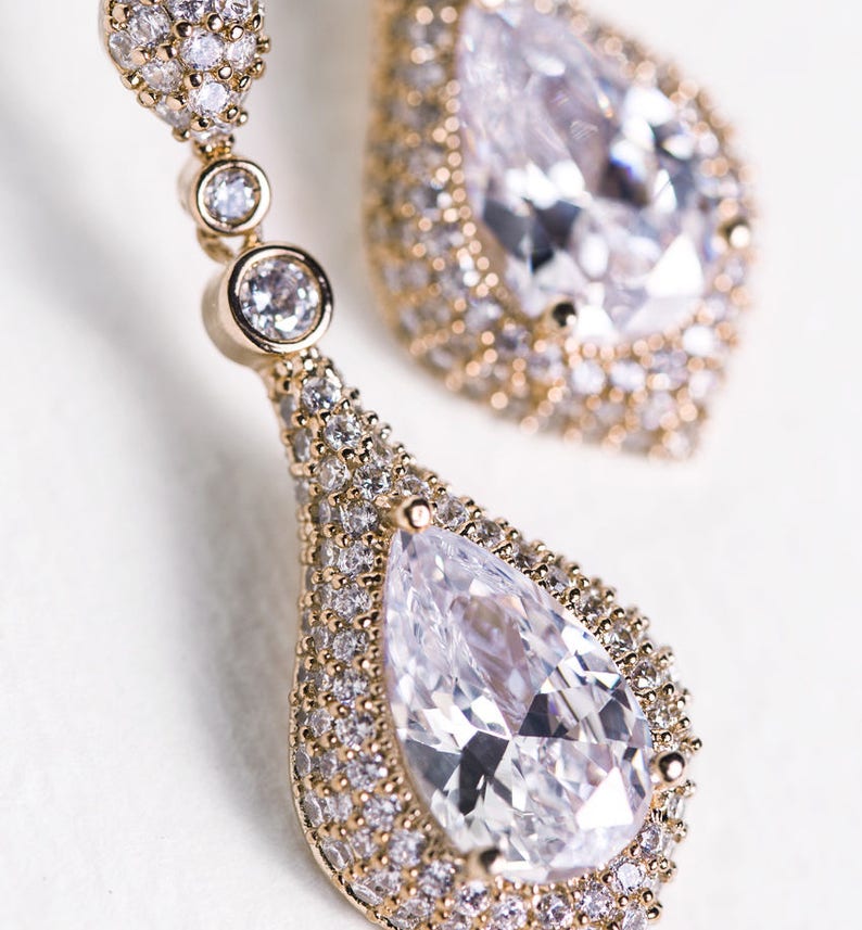 Bridal Earrings, Drop Earrings, Teardrop Earrings, Gold Earrings, Bridal Jewelry, Wedding Jewelry, Art Deco Jewelry, Wedding Earrings E069-G image 6