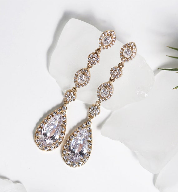 Cubic Zirconia Drop Bridal Earrings, Long Gold Earrings for Bride on Wedding  Day, Gold Bridal Jewelry, Anya - Etsy