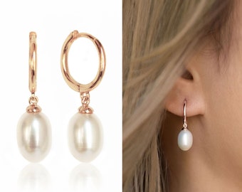 Pearl Earrings, Bridal Earrings, Wedding Jewelry, Small Hoop Earrings, Drop Earrings,  E389