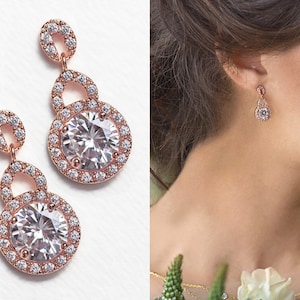 Bridal Earrings, Wedding Earrings, Bridal Jewelry, Drop Earrings,  Rose Gold Earrings,  E201
