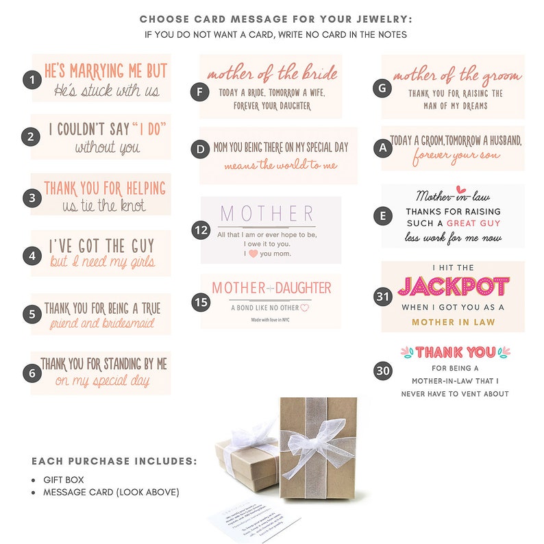 May include: A set of 10 cards with different messages for a wedding or bridal shower. The cards are printed on white cardstock with pink and orange accents. The cards are numbered 1 through 10 and each card has a different message. The messages include "He's marrying me but he's stuck with us", "I couldn't say 'I do' without you", "Thank you for helping us tie the knot", "I've got the guy but I need my girls", "Thank you for being a true friend and bridesmaid", "Thank you for standing by me on my special day", "Mother of the bride", "Mother of the groom", "Mother-in-law thanks for raising such a great guy less work for me now", and "I hit the jackpot when I got you as a mother-in-law".
