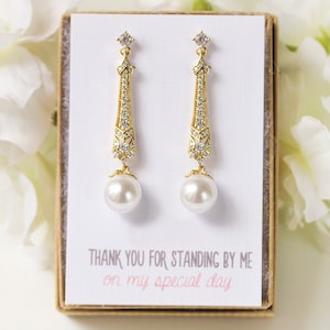 Pearl Bridesmaid Earrings, Pearl Earrings, Maid of Honor Gift, Bridesmaid Gifts, Minimalist Pearl Dangle Earrings Gift, Bridal Party Gift