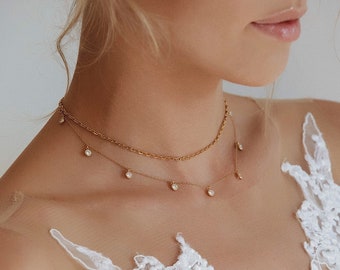 Colar dourado, presente de casamento, colar de cristal, colares de casamento, gargantilha, colar delicado, colar em camadas