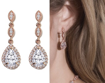 Wedding Earrings, Dangle Earrings, Bridal Jewelry, Rose Gold Dangle Earrings,  E122
