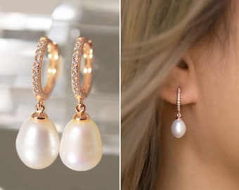 Pearl Bridal Earrings, Pearl Drop Earrings, Wedding Jewelry, Small Hoop Earrings, Drop Earrings, Crystal Earrings
