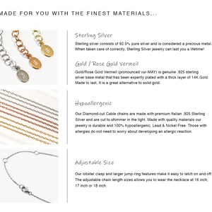 May include: Close-up of three silver chains, one silver, one rose gold, and one gold. The chains are made of 925 sterling silver and are hypoallergenic, lead and nickel free. The chains are adjustable in size and can be worn at 16, 17, or 18 inches.