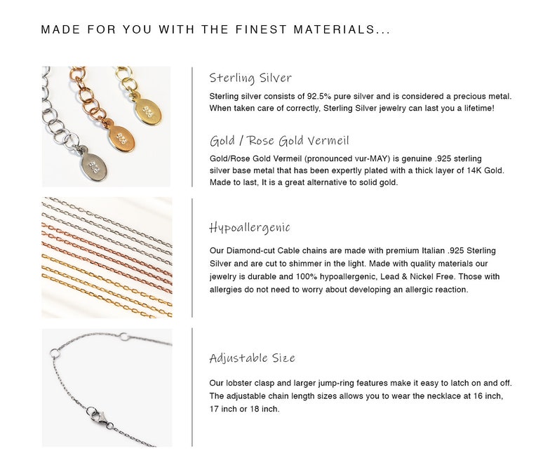 May include: Close-up of three silver chains, one silver, one rose gold, and one gold. The chains are made of 925 sterling silver and are hypoallergenic, lead and nickel free. The chains are adjustable in size and can be worn at 16, 17, or 18 inches.