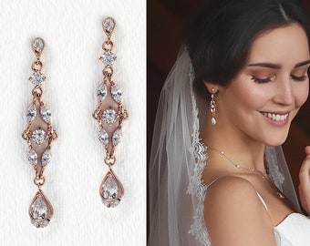 Wedding Earrings, Dangle Earrings, Bridal Jewelry, Crystal Earrings, Rose Gold Dangle Earrings,  E067