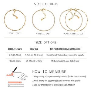 Peut inclure: Pr&eacute;sentation d'anklets dor&eacute;s avec des options de perles et de cristaux. L'image montre trois options de style : perles seules, cristaux seuls et un ensemble perles et cristaux. Les tailles sont de 15-18cm et 18-20cm de longueur.