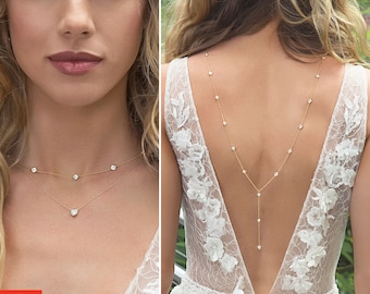 Back Necklace, Bridal Jewelry, Y Lariat Necklace, Backdrop Necklace, Silver Necklace, Backless Wedding Dress NB053