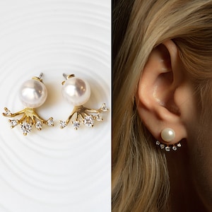 Pearl Ear Jacket, Gold Stud Jacket Earrings, Bridal Earrings, Pearl Earrings, Wedding Jewelry, Ear Jacket Earrings, Gold Earrings
