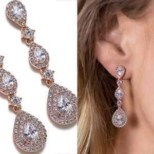 Bridal Earrings, Dangle Earrings, Bridal Jewelry, Teardrop Earrings, Rose Gold Earrings, E150