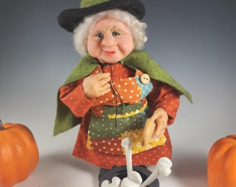 Halloween Witch Doll, Handmade Witch, "Erma Collects Her Bones"