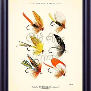ORVIS Favorite Flies Fly Fishing BASS Flies 8x10 Vintage Art Print Bright Colorful Antique Plate Home Wall Art Decoration to Frame SF0206